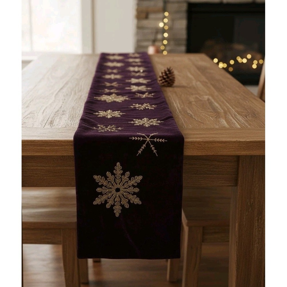 Rachel Ashwell Purple Gold Stud Velvet Snowflake Table Runner Embroidery Holiday